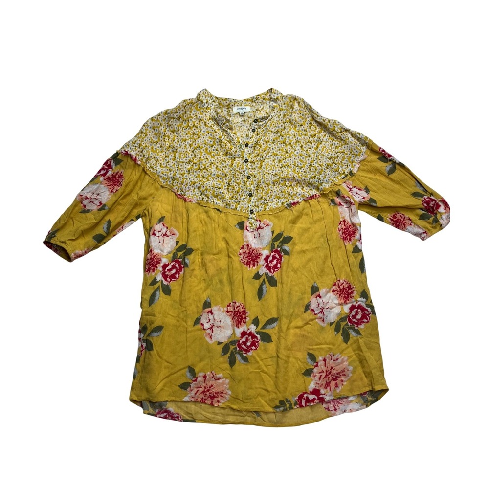 Umgee Mustard Floral Patchwork Button-Front Tunic